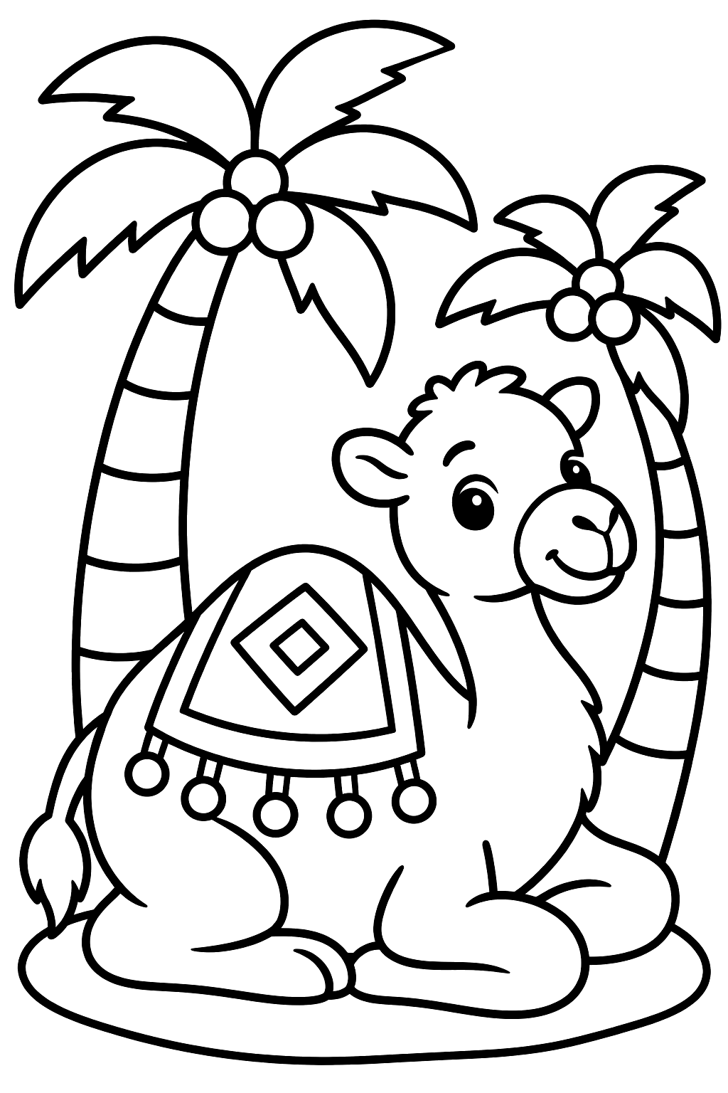 Camel wearing a decorated saddle blanket resting under palm trees coloring page