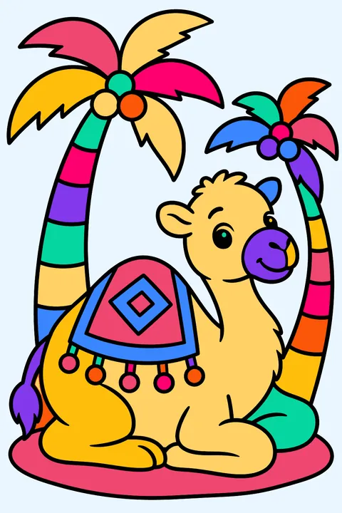 Camel wearing a decorated saddle blanket resting under palm trees coloring page