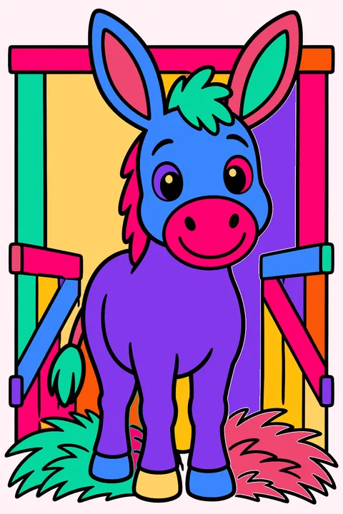 Friendly donkey standing in the stable doorway with straw at its feet coloring page