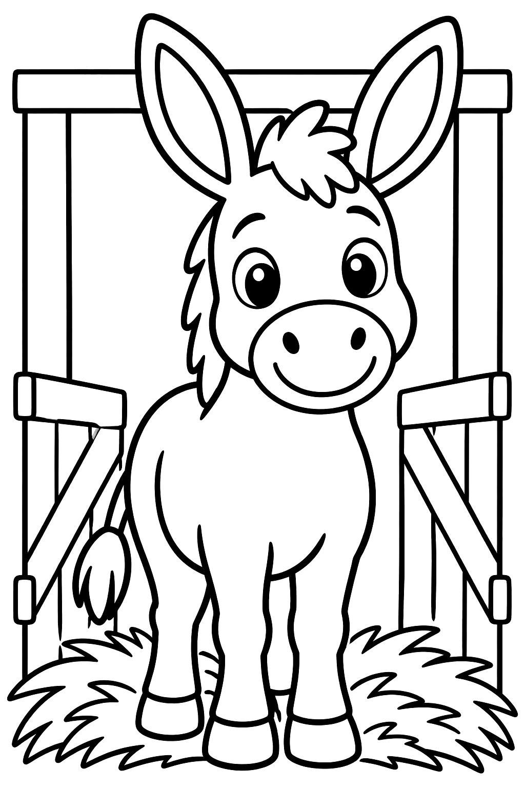 Friendly donkey standing in the stable doorway with straw at its feet coloring page