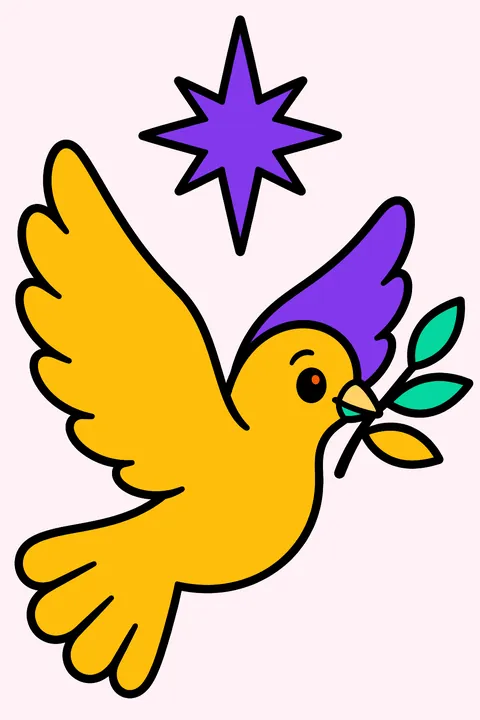 Dove carrying an olive branch beneath a bright star coloring page