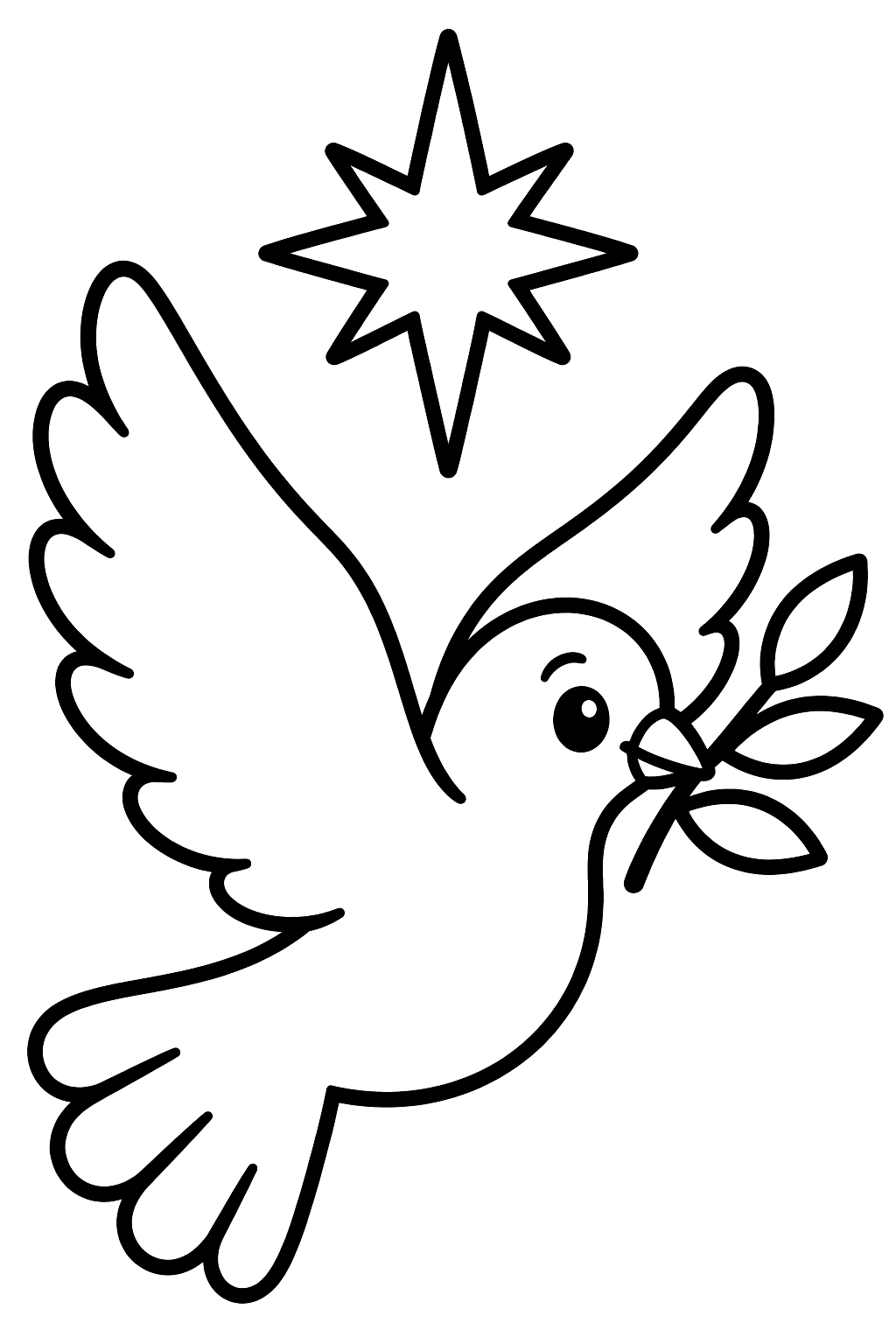 Dove carrying an olive branch beneath a bright star coloring page