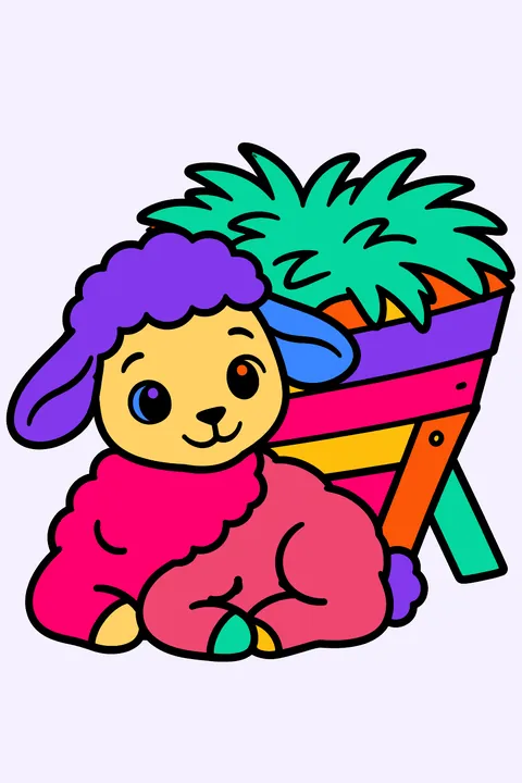 Gentle lamb resting beside a wooden manger filled with straw coloring page