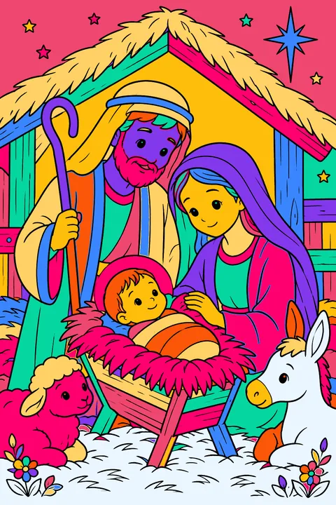 Mary and joseph watching over baby jesus in the manger inside a stable coloring page
