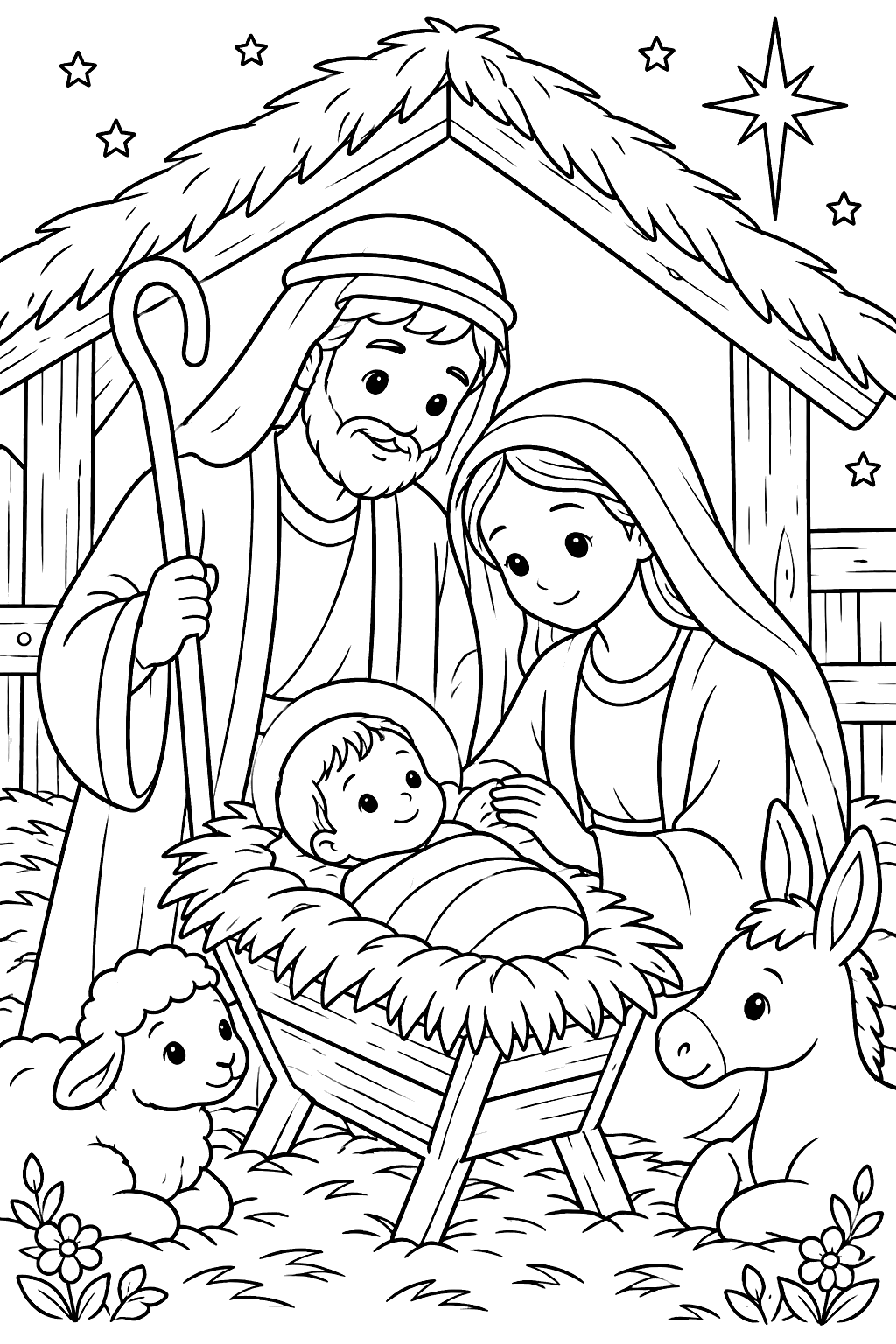 Mary and joseph watching over baby jesus in the manger inside a stable coloring page