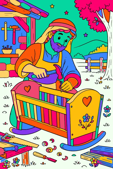 Joseph building a wooden cradle with simple carpenter tools coloring page