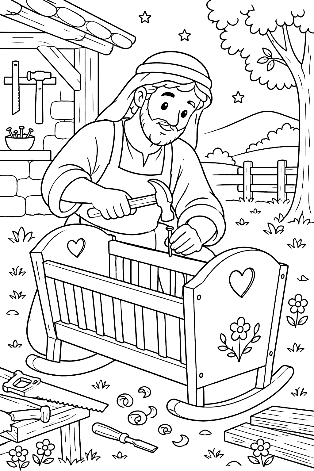 Joseph building a wooden cradle with simple carpenter tools coloring page