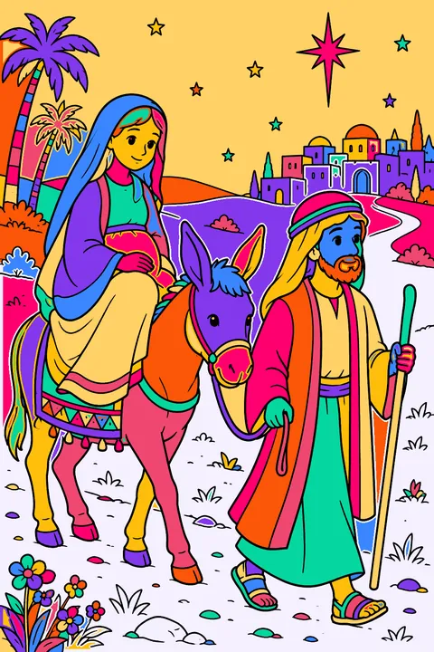 Mary riding a donkey with joseph leading the way to bethlehem coloring page