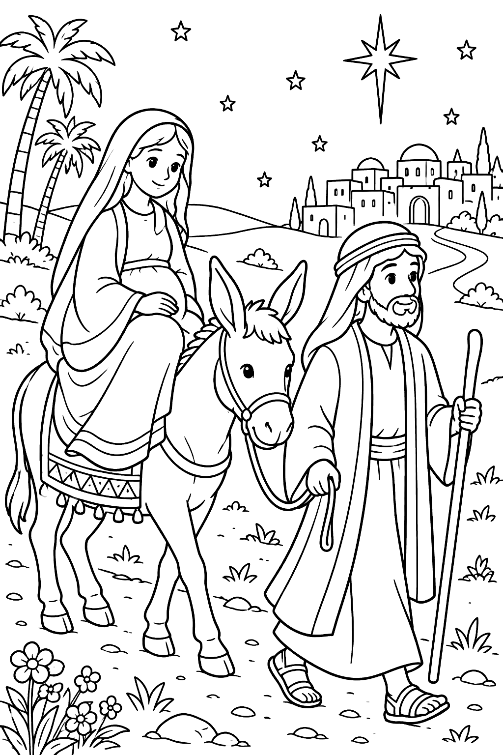 Mary riding a donkey with joseph leading the way to bethlehem coloring page