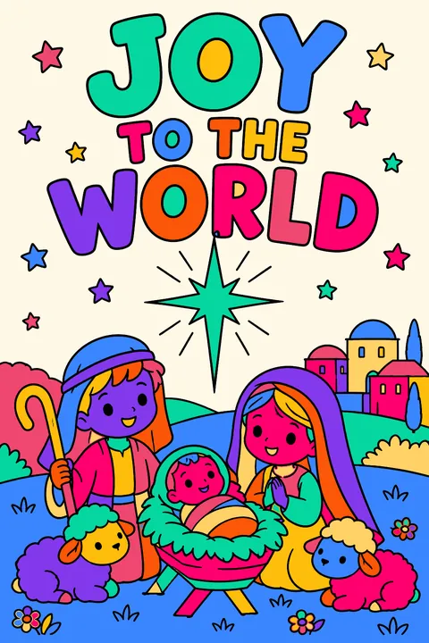 Big outline letters spelling joy to the world above a shining star coloring page