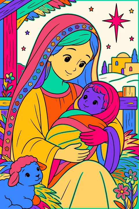 Mary gently holding baby jesus wrapped in swaddling cloth coloring page