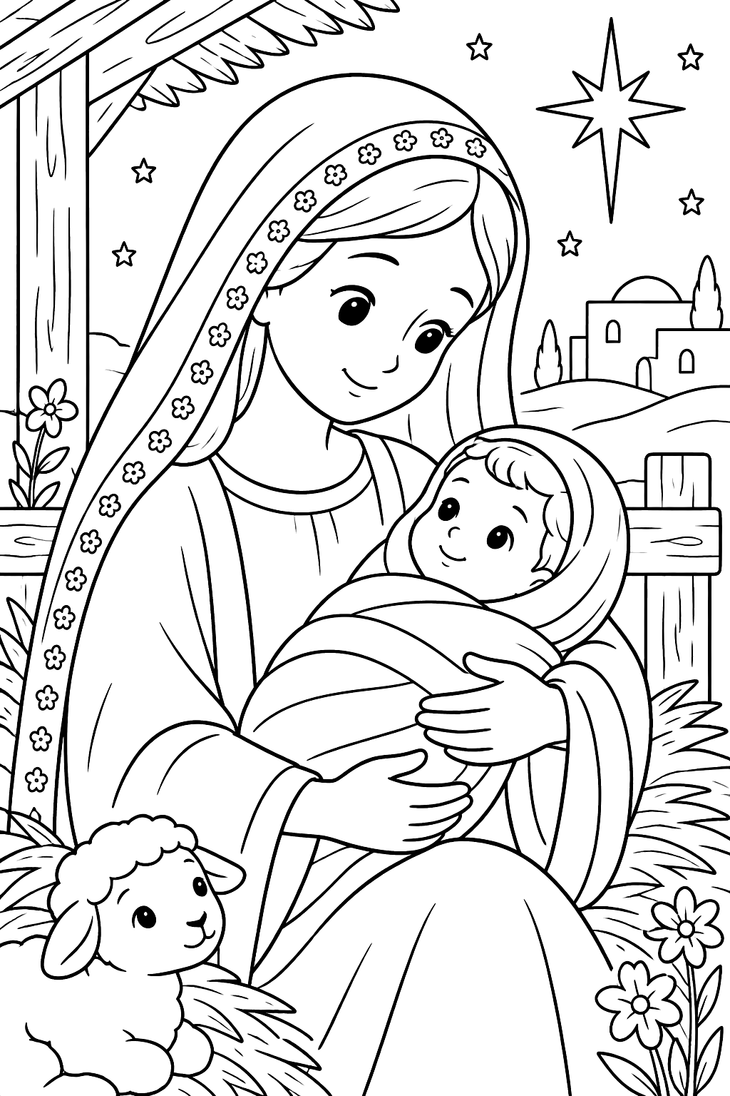 Mary gently holding baby jesus wrapped in swaddling cloth coloring page
