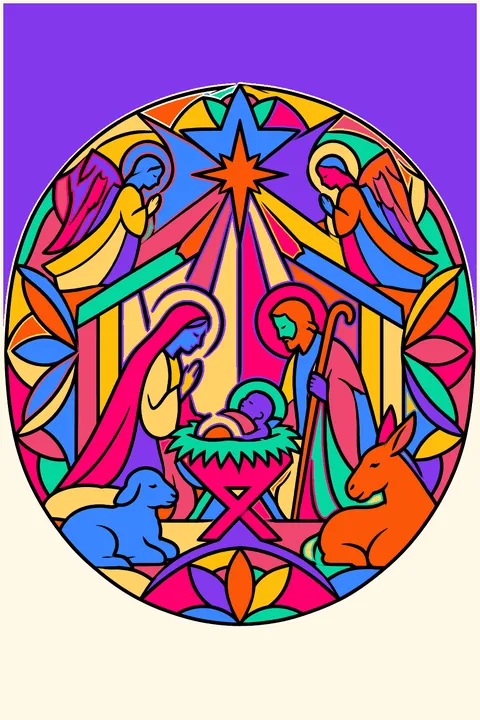 Circular nativity mandala with the manger at the center and star rays coloring page