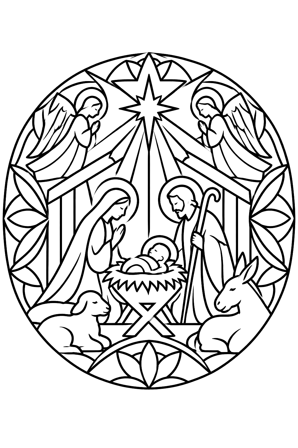 Circular nativity mandala with the manger at the center and star rays coloring page