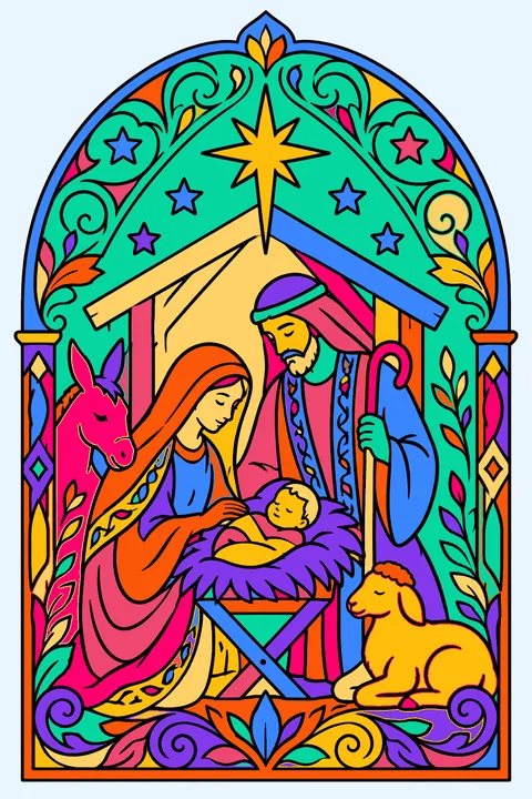 Nativity scene inside an ornate arched frame with stars, vines and scrollwork coloring page