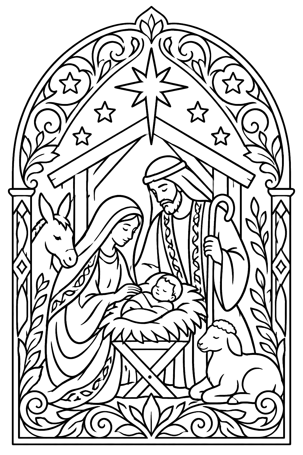 Nativity scene inside an ornate arched frame with stars, vines and scrollwork coloring page