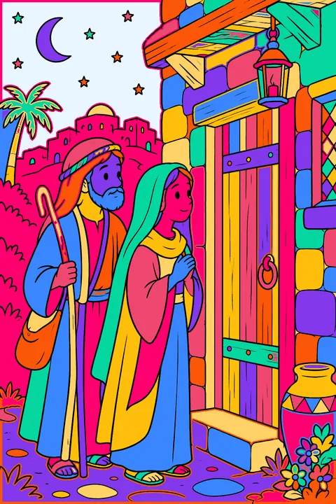 Joseph and mary at the door of a small inn at night coloring page