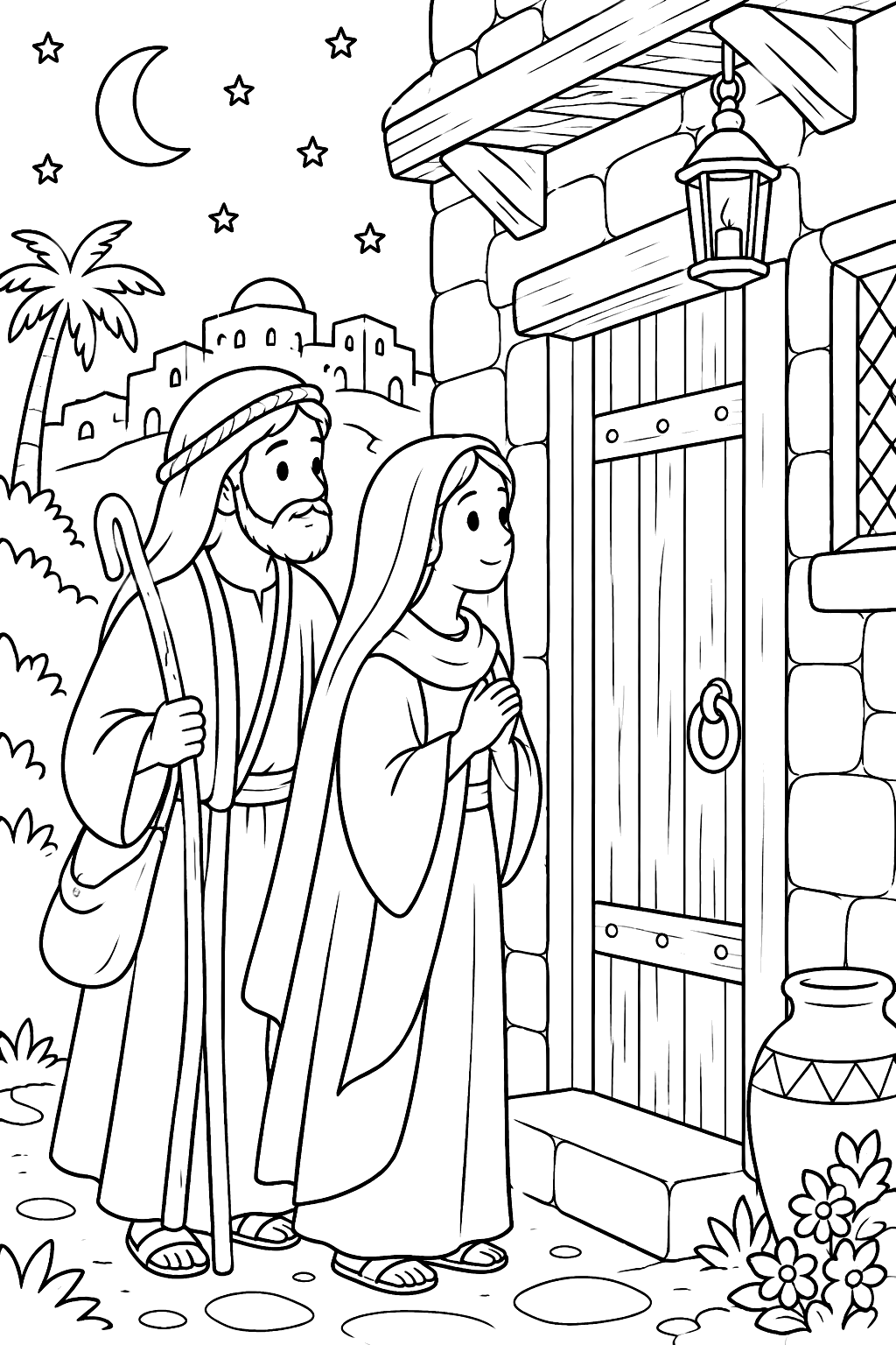 Joseph and mary at the door of a small inn at night coloring page