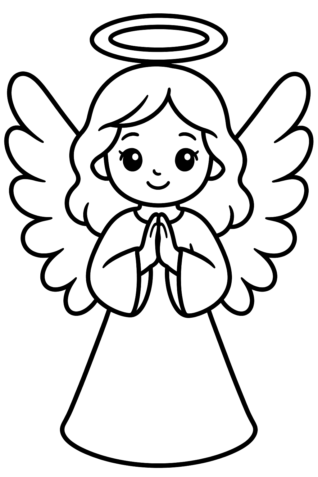 Praying angel with wide feathered wings and a halo coloring page