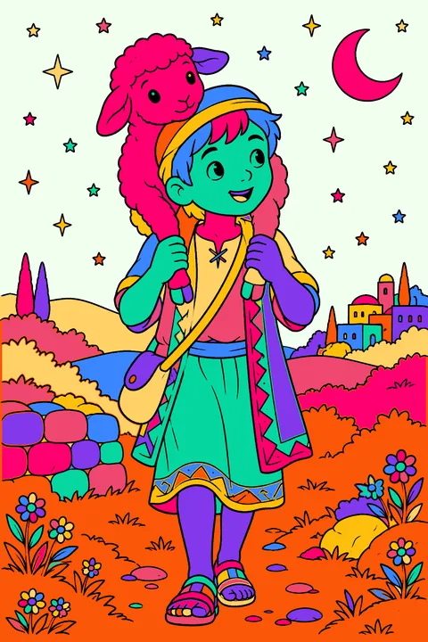 Shepherd boy carrying a lamb on his shoulders under the stars coloring page