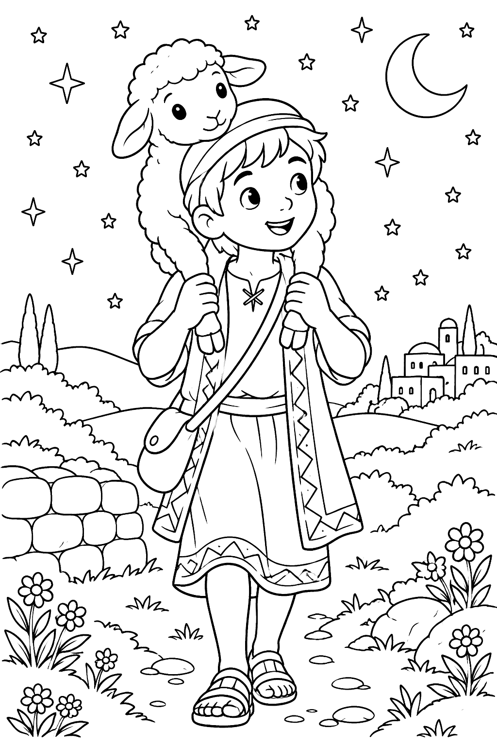Shepherd boy carrying a lamb on his shoulders under the stars coloring page