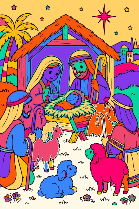 Shepherds with staffs visiting the manger with their sheep coloring page