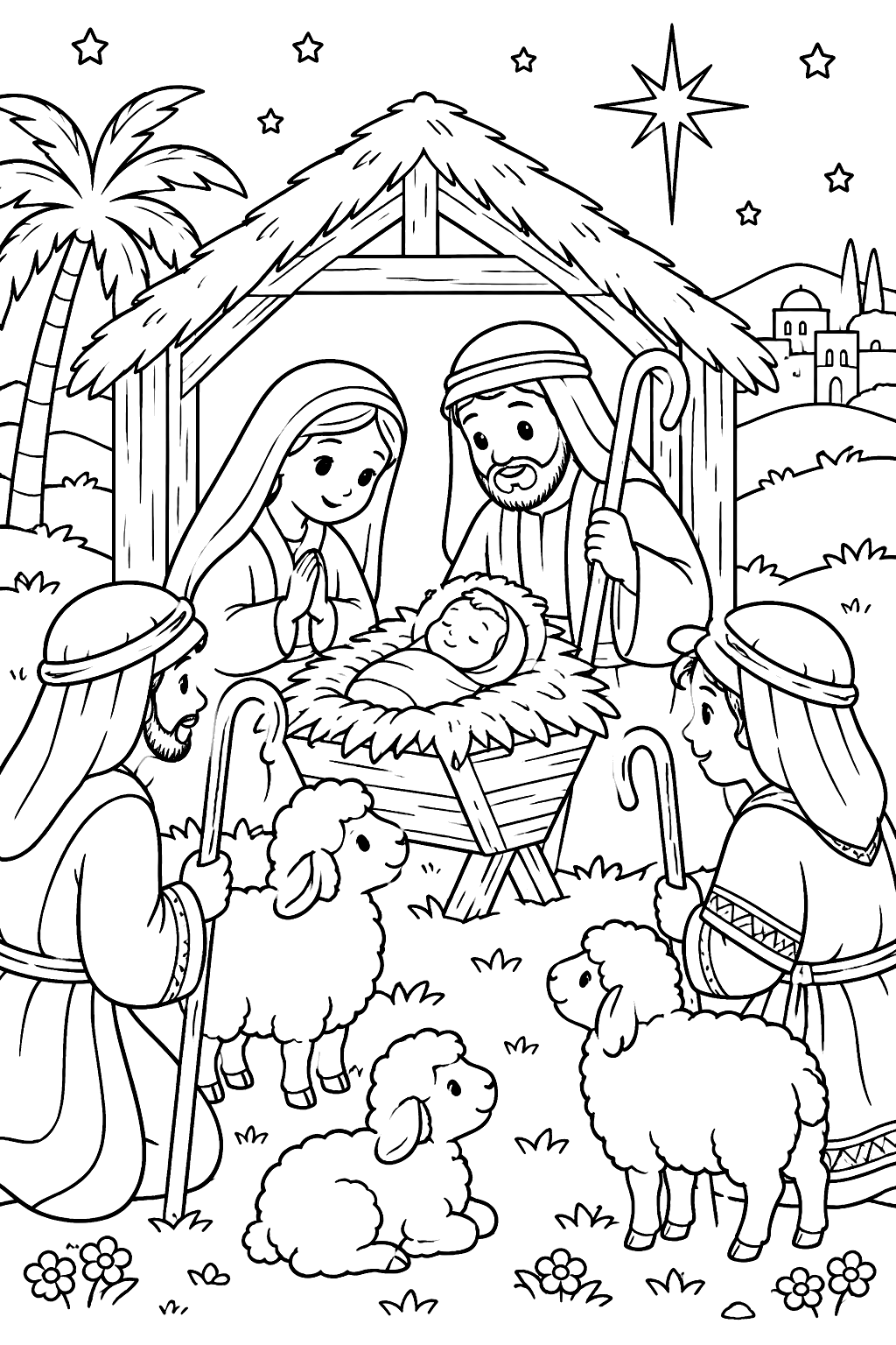 Shepherds with staffs visiting the manger with their sheep coloring page