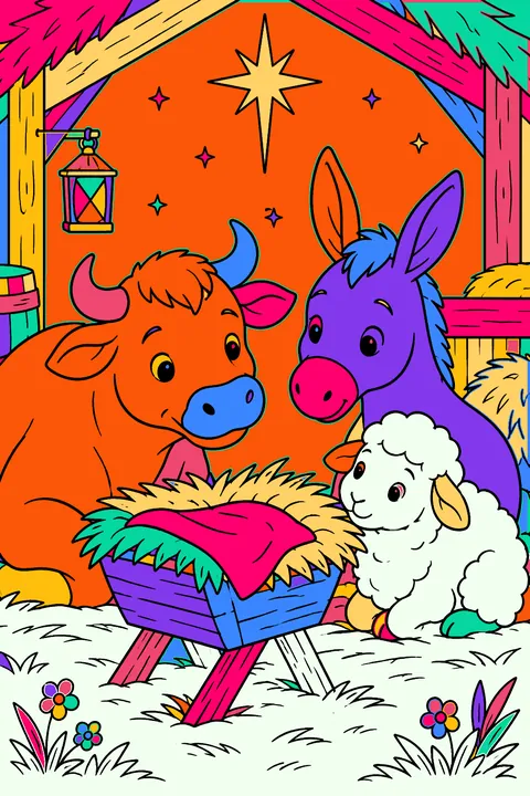 Ox, donkey and sheep gathered around the manger in the stable coloring page