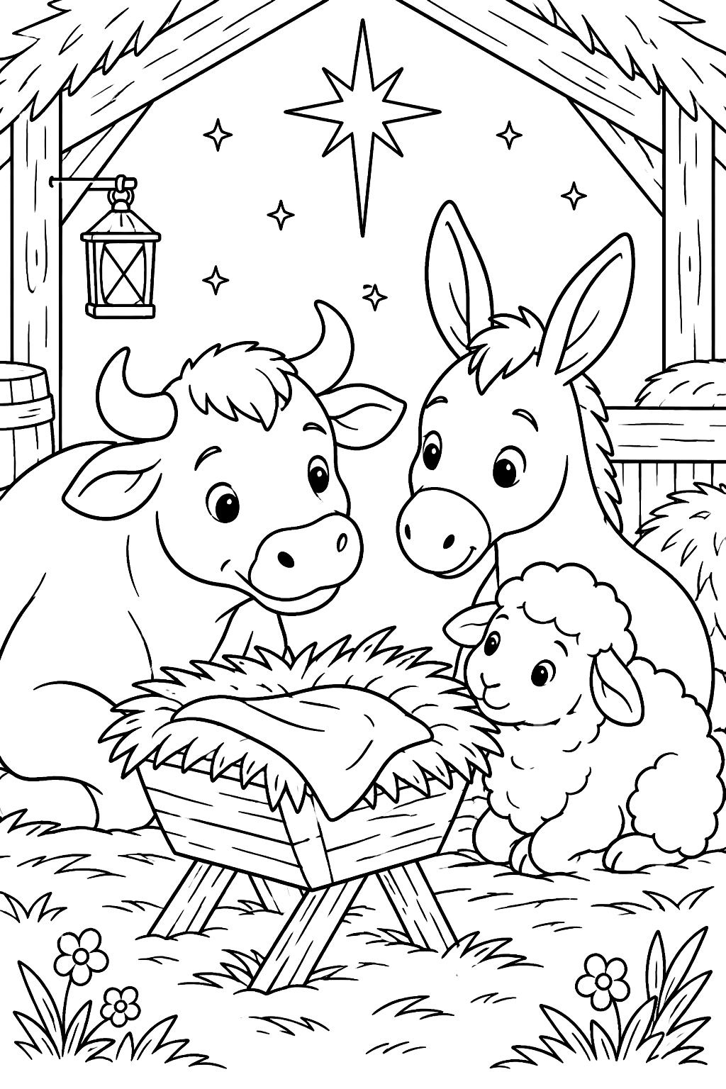 Ox, donkey and sheep gathered around the manger in the stable coloring page