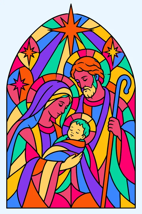 Stained glass window design of the holy family with radiant star patterns coloring page