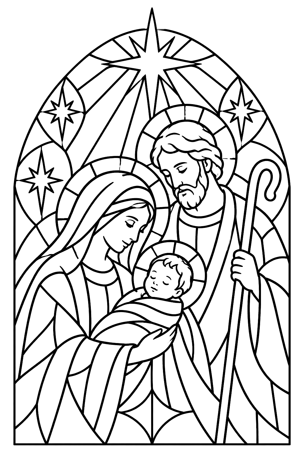 Stained glass window design of the holy family with radiant star patterns coloring page