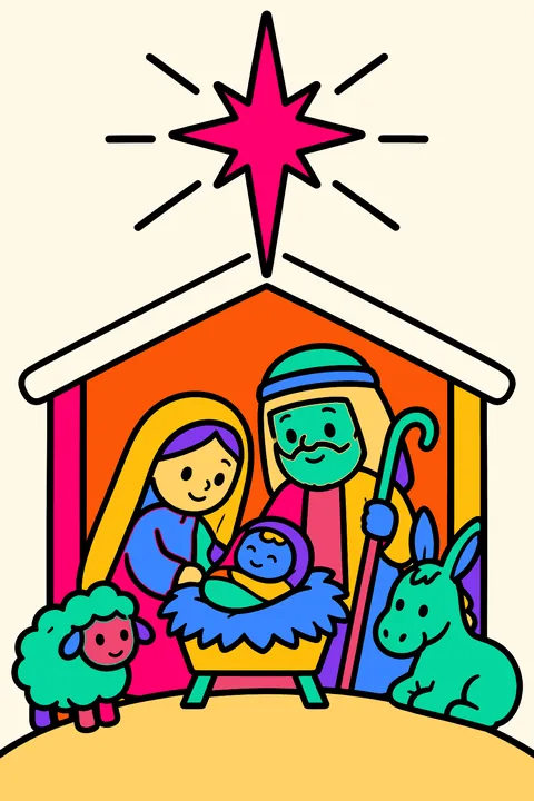 Star of bethlehem shining over a small stable on a hill coloring page