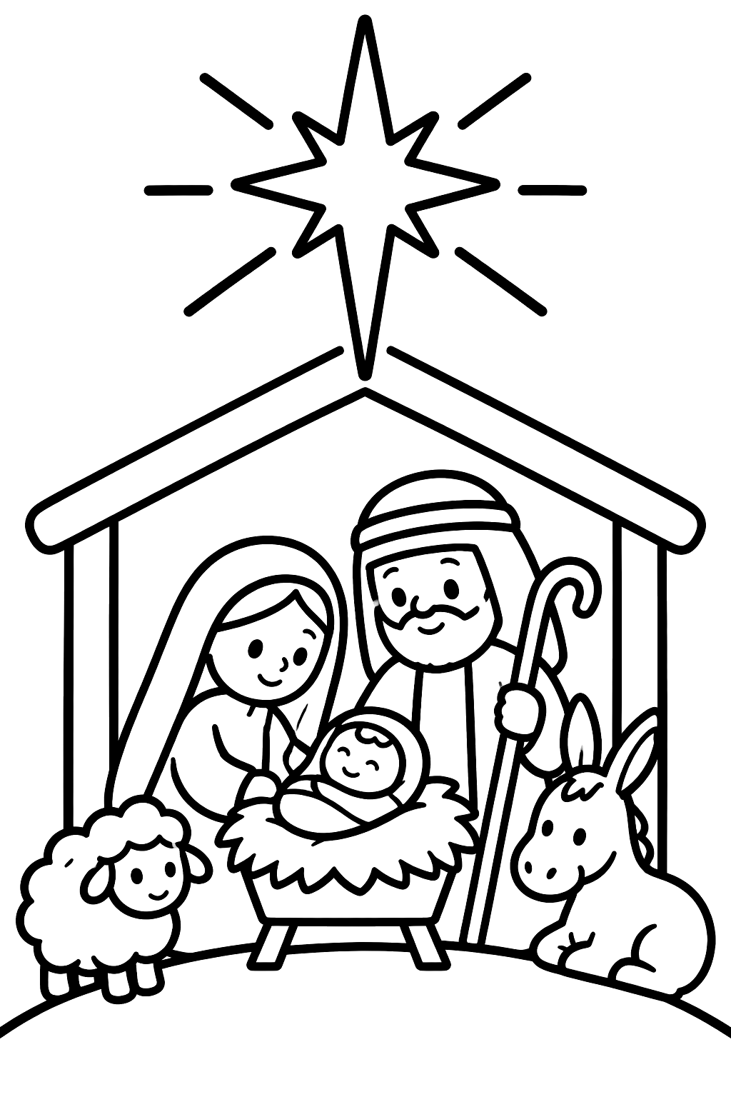 Star of bethlehem shining over a small stable on a hill coloring page