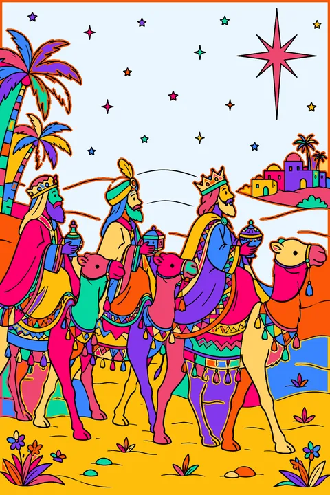 Three wise men riding camels across the desert following a bright star coloring page
