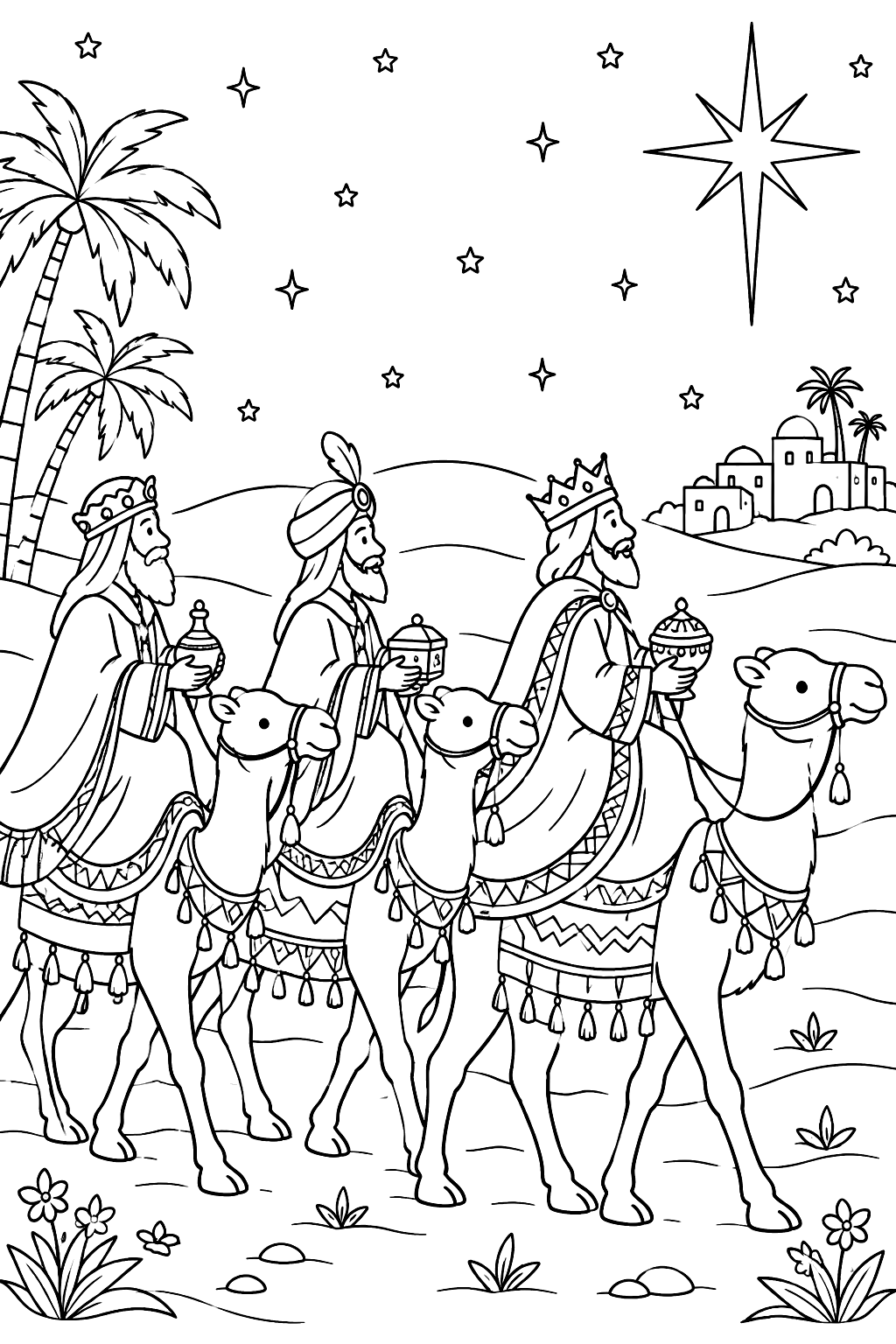 Three wise men riding camels across the desert following a bright star coloring page