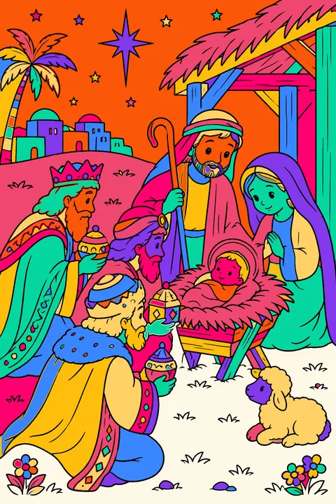 Wise men kneeling and offering gifts to baby jesus coloring page