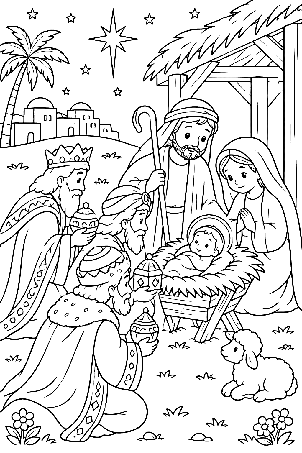 Wise men kneeling and offering gifts to baby jesus coloring page