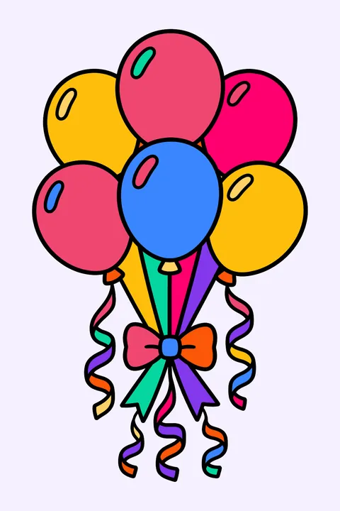 a big bunch of balloons with ribbons and streamers coloring page