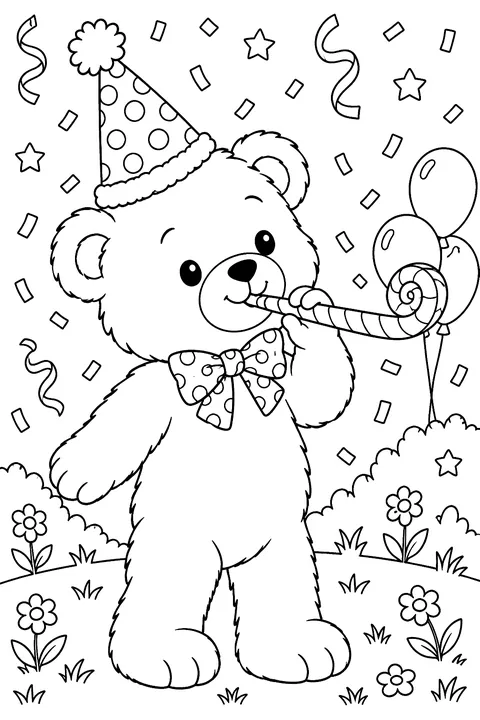 a teddy bear blowing a party horn under falling confetti coloring page