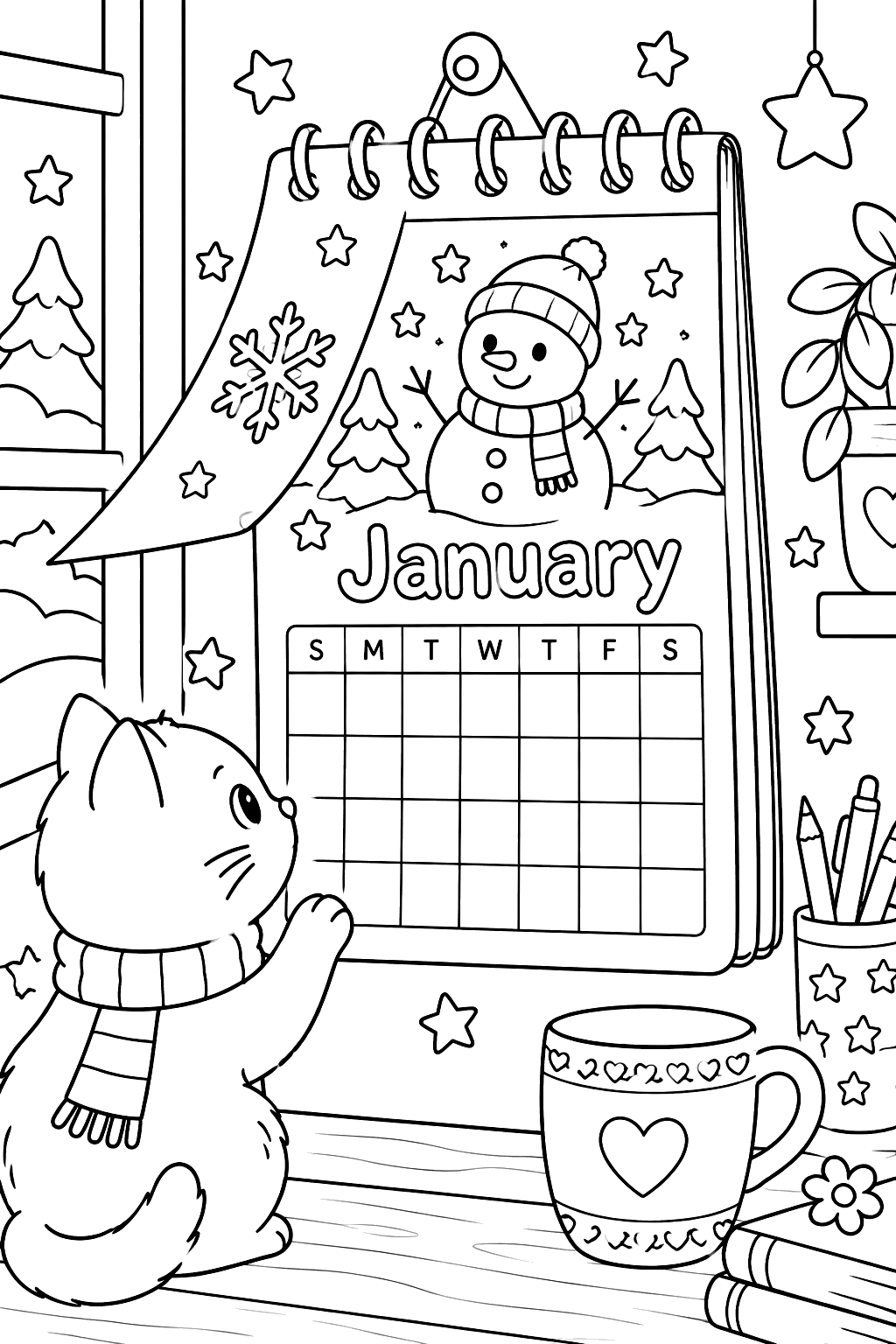 a wall calendar turning to January with stars coloring page