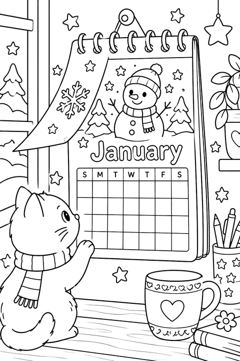 a wall calendar turning to January with stars coloring page