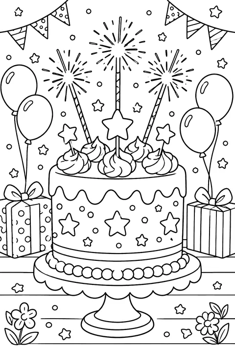 a party cake with sparklers and stars coloring page