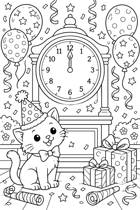 a big clock striking midnight with streamers and balloons coloring page