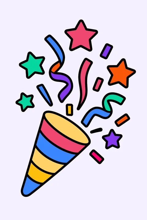 a confetti popper bursting with stars and streamers coloring page