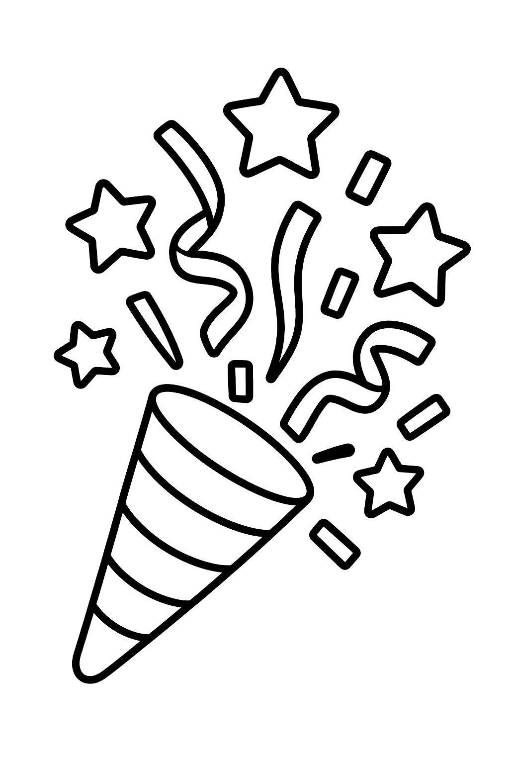 a confetti popper bursting with stars and streamers coloring page