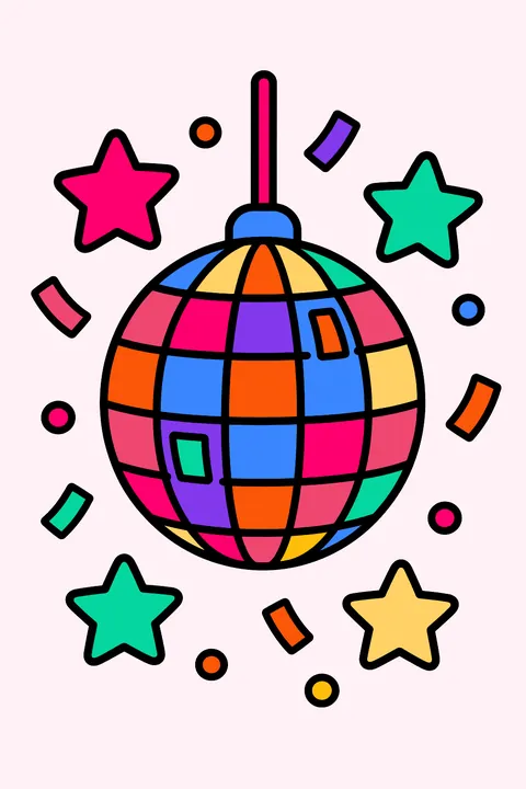 a sparkling disco ball with stars and confetti coloring page