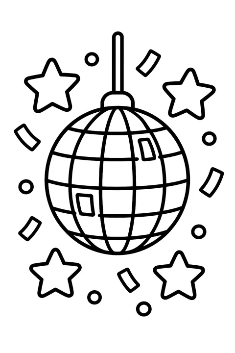 a sparkling disco ball with stars and confetti coloring page