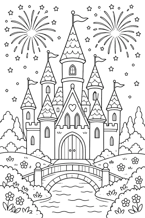 fireworks over a fairy-tale castle coloring page