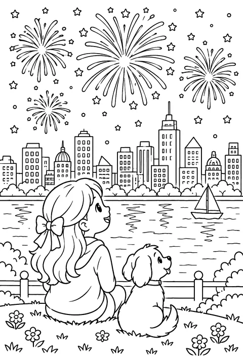 fireworks bursting over a city skyline at midnight coloring page