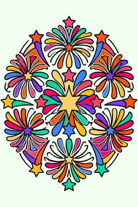 a round mandala design made from firework bursts and stars coloring page